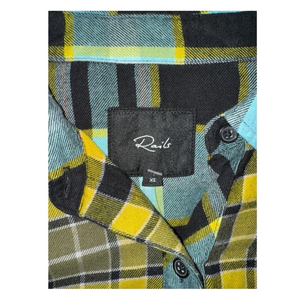 NWOT Rails Brando Button Down Sky Mixed Plaid Flannel Colorblock Blue Yellow XS - Picture 12 of 16
